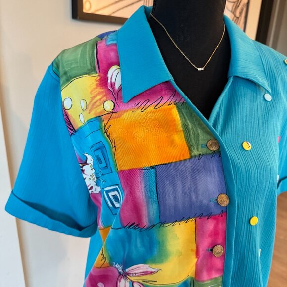 Vintage Patchwork Button-Up blouse \ Retro 80's Blouse \ Blue Button-Up - Picture 3 of 11